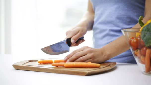 Close up de jovem mulher cortando cenoura em casa — Vídeo de Stock
