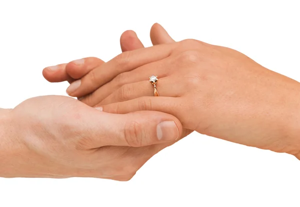 Man puts wedding ring on woman hand — Stock Photo, Image