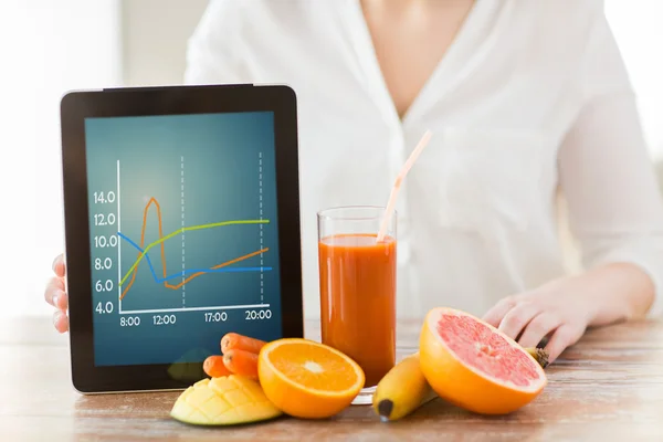 Close up de mãos de mulher com tablet pc e frutas — Fotografia de Stock