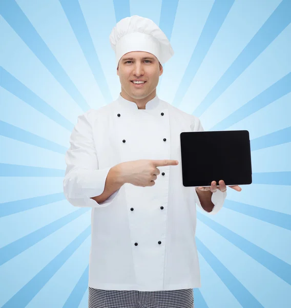 Cocinero varón feliz mostrando con la PC tableta — Foto de Stock