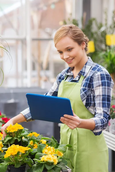 Gelukkige vrouw met tablet pc in kas — Stockfoto