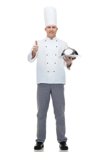 Happy male chef cook with cloche showing thumbs up — Stock Photo, Image