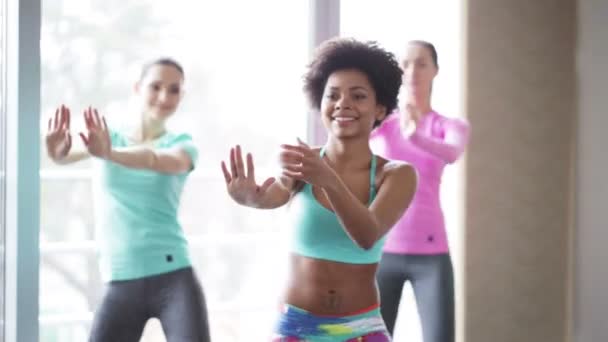 Groupe de personnes souriantes dansant en salle de gym ou studio — Video