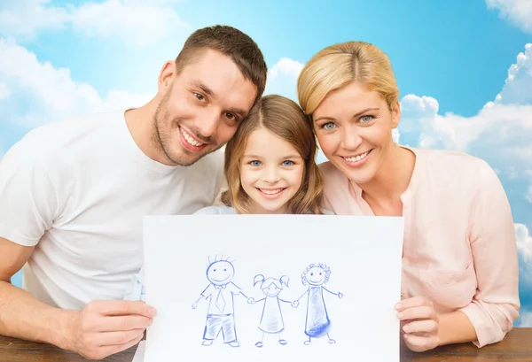 Famiglia felice con disegno o immagine — Foto Stock