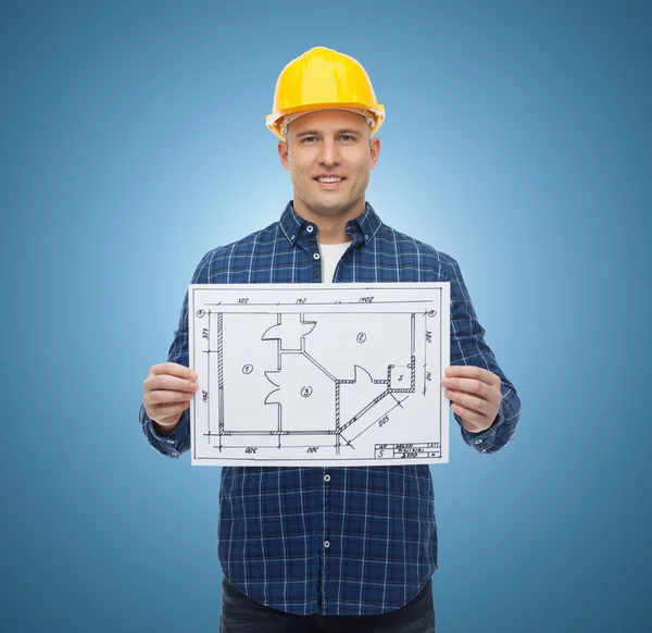 Ler manliga builder i hjälm med blueprint — Stockfoto