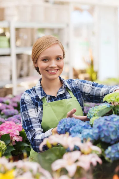 Mulher feliz cuidando de flores em estufa — Fotografia de Stock