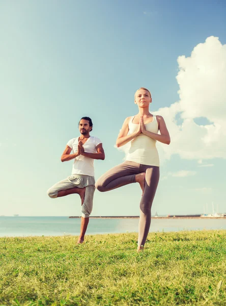 Smiling couple making yoga exercises outdoors — Stock Photo, Image