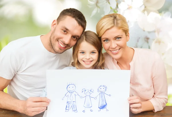 Família feliz com desenho ou imagem — Fotografia de Stock