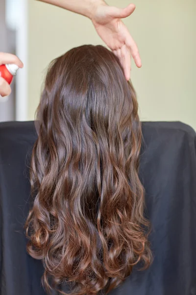 stylist with hair spray making hairdo at salon