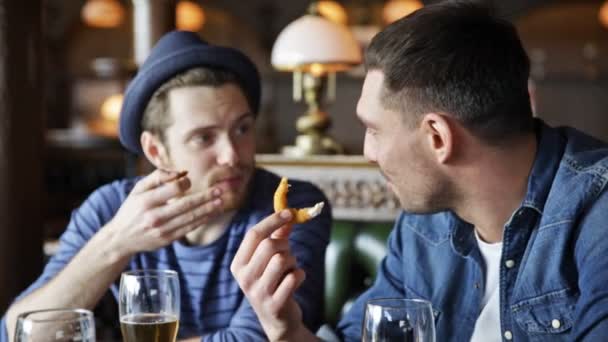 Happy manliga vänner dricka öl på baren eller pub — Stockvideo