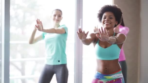 Groupe de personnes souriantes dansant en salle de gym ou studio — Video