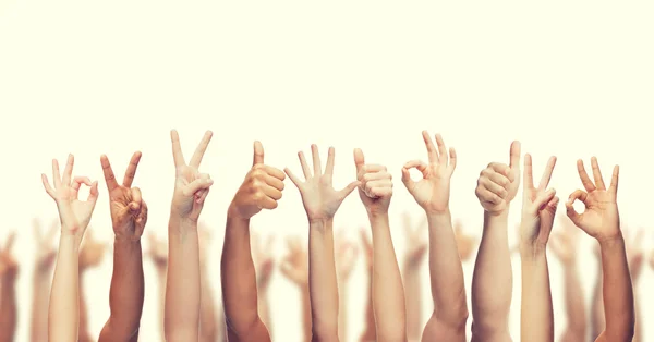Human hands showing thumbs up, ok and peace signs — Stock Photo, Image