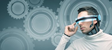 man with futuristic 3d glasses and sensors clipart