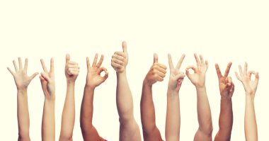 human hands showing thumbs up, ok and peace signs clipart