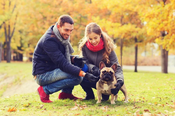 Sonriente pareja con perro en otoño parque — Foto de Stock