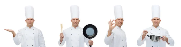 Chef macho feliz com utensílios de cozinha mostrando ok — Fotografia de Stock