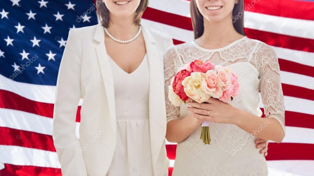 Close Up Of Happy Lesbian Couple With Flowers Royalty Free Stock Image
