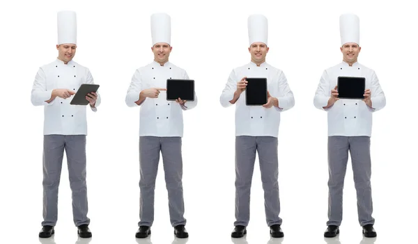 Happy male chef cook showing with tablet pc — Stock Photo, Image