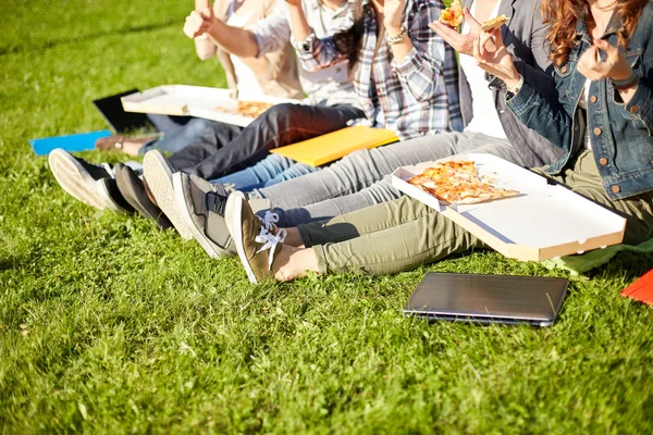 Close up of teenage students eating pizza on grass — Φωτογραφία Αρχείου