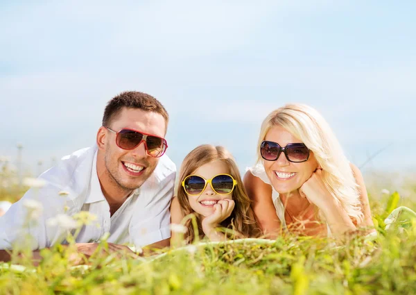 Famille heureuse avec ciel bleu et herbe verte — Photo