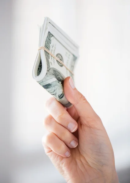 Close up of woman hands holding us dollar money — Stock Photo, Image