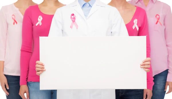 Close up of women with cancer awareness ribbons — Stock Photo, Image