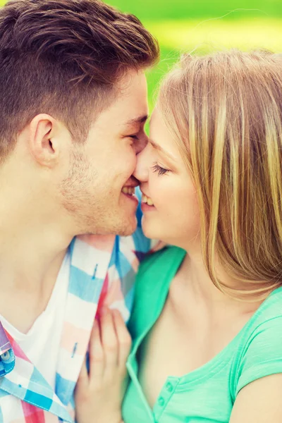 Lächelndes Paar küsst und umarmt sich im Park — Stockfoto