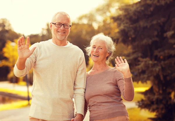 Senior couple hugging in city park — Stock fotografie