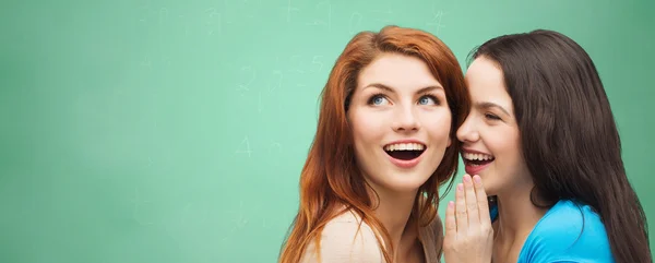 Meninas estudante feliz sussurrando segredo ou fofoca — Fotografia de Stock