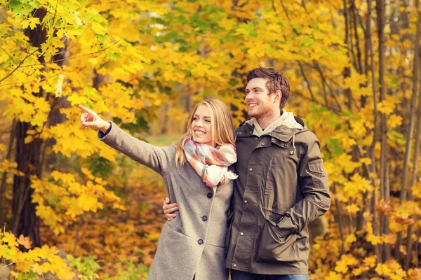 Lächelndes Paar umarmt sich im Herbstpark — Stockfoto