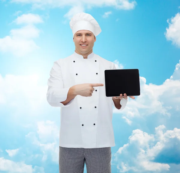 Gärna manliga chef cook visar tablet PC — Stockfoto