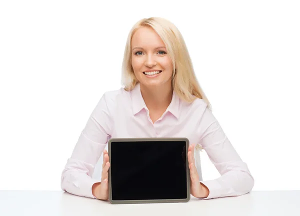 Empresária sorridente ou estudante com tablet pc — Fotografia de Stock