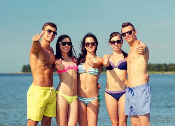 Улыбающиеся друзья в солнечных очках на летнем пляже Стоковое Фото