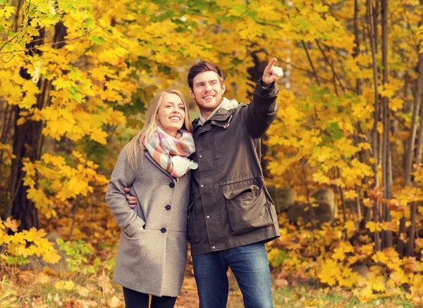 Pareja sonriente abrazándose en el parque de otoño — Foto de Stock