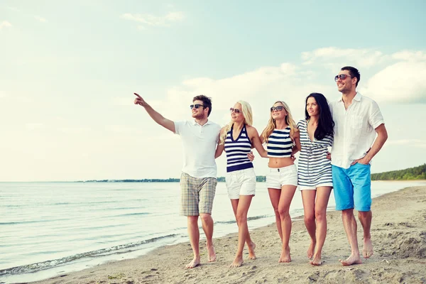 Amis souriants dans des lunettes de soleil marchant sur la plage — Photo