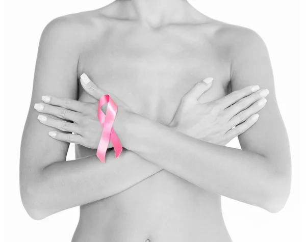 Naked woman with breast cancer awareness ribbon — Stock Photo, Image