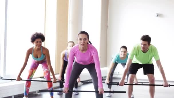 Grupo de personas haciendo ejercicio con bares en el gimnasio — Vídeos de Stock