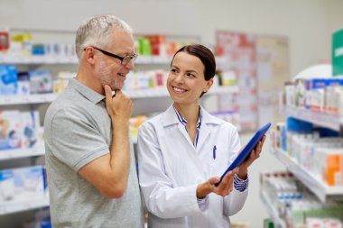 pharmacist with tablet pc and senior man clipart
