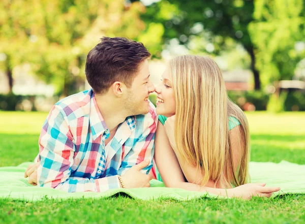 Coppia sorridente sdraiata su una coperta nel parco — Foto Stock