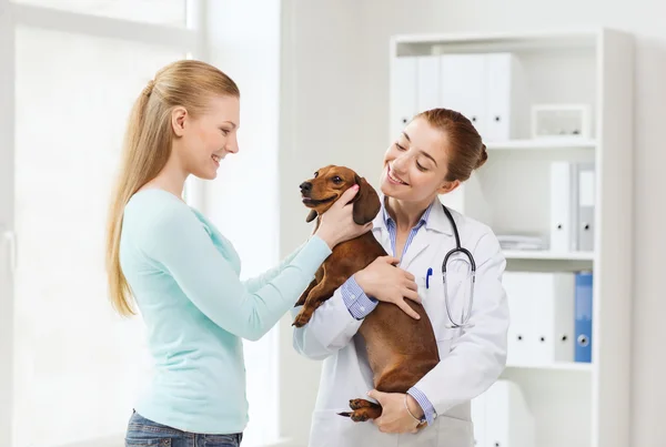 Mulher feliz com cão e médico na clínica veterinária — Fotografia de Stock