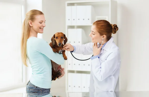 Mulher feliz com cão e médico na clínica veterinária — Fotografia de Stock