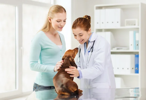 Happy woman with dog and doctor at vet clinic — Stock Photo, Image