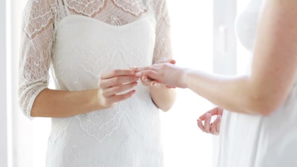 Close up de lésbicas casal mãos com anel de casamento — Vídeo de Stock