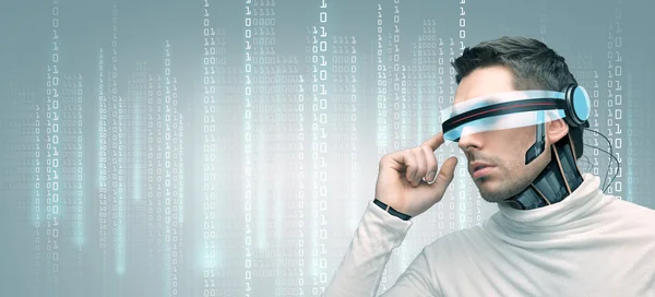 Man with futuristic 3d glasses and sensors — Stock Photo, Image