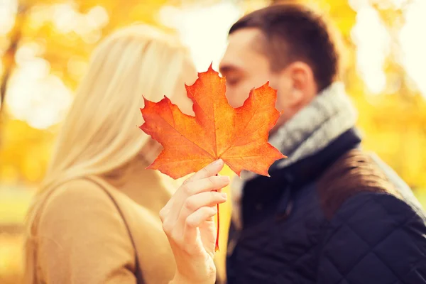 情侣接吻在秋天公园的特写 — 图库照片