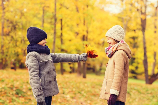 笑逐颜开的孩子们在秋天的公园 — 图库照片
