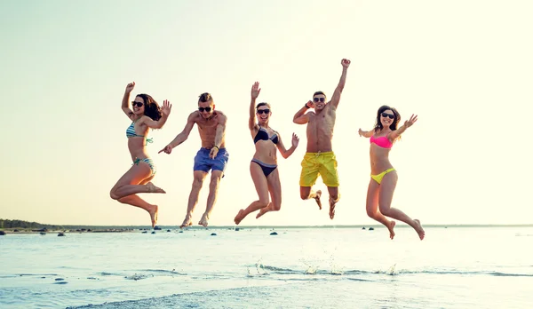 Smiling friends in sunglasses on summer beach — Stock Photo, Image