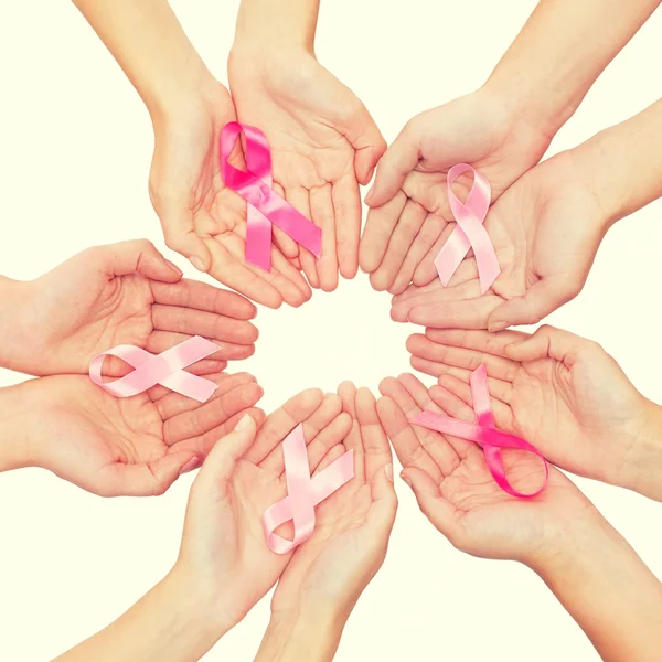 Close up of hands with cancer awareness symbol — Stock Photo, Image