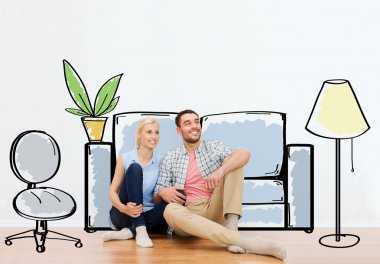 happy couple of man and woman moving to new home clipart