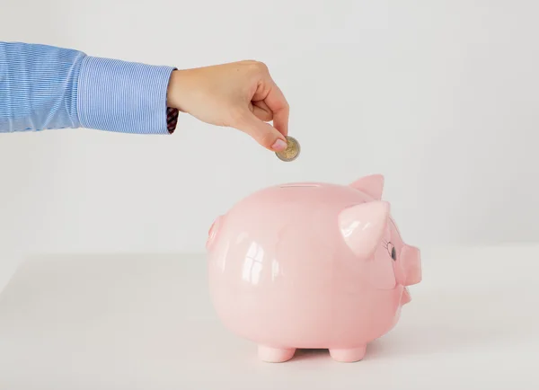 Close up of hand putting coin into piggy bank — Stock Photo, Image